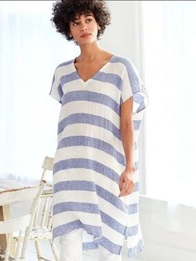 Eileen Fisher Women’s Organic linen Blue Stripes Tunic Poncho Dress Size S/M